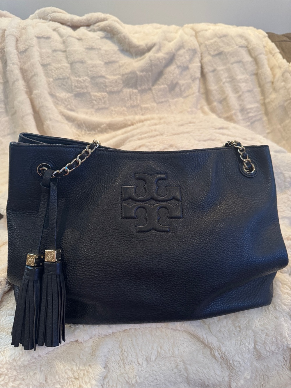 Tory Burch Black Pebbled Leather Shoulder Bag with Tassels
